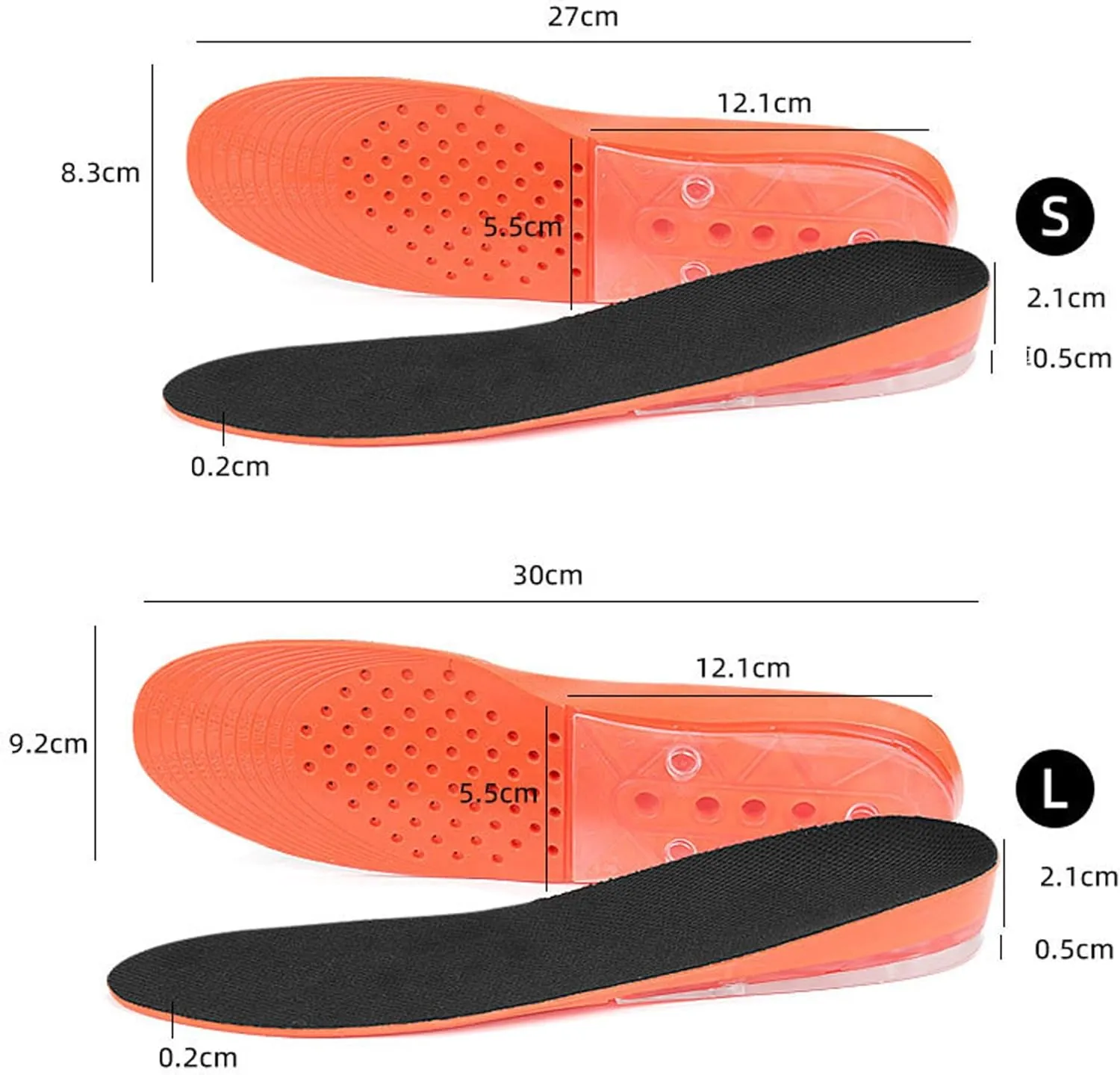3-Layer Adjustable Height Increase Insoles - Cuttable Height Increasing Insoles - Shock Absorption Cushion Heel Lift Inserts (Orange, Large)