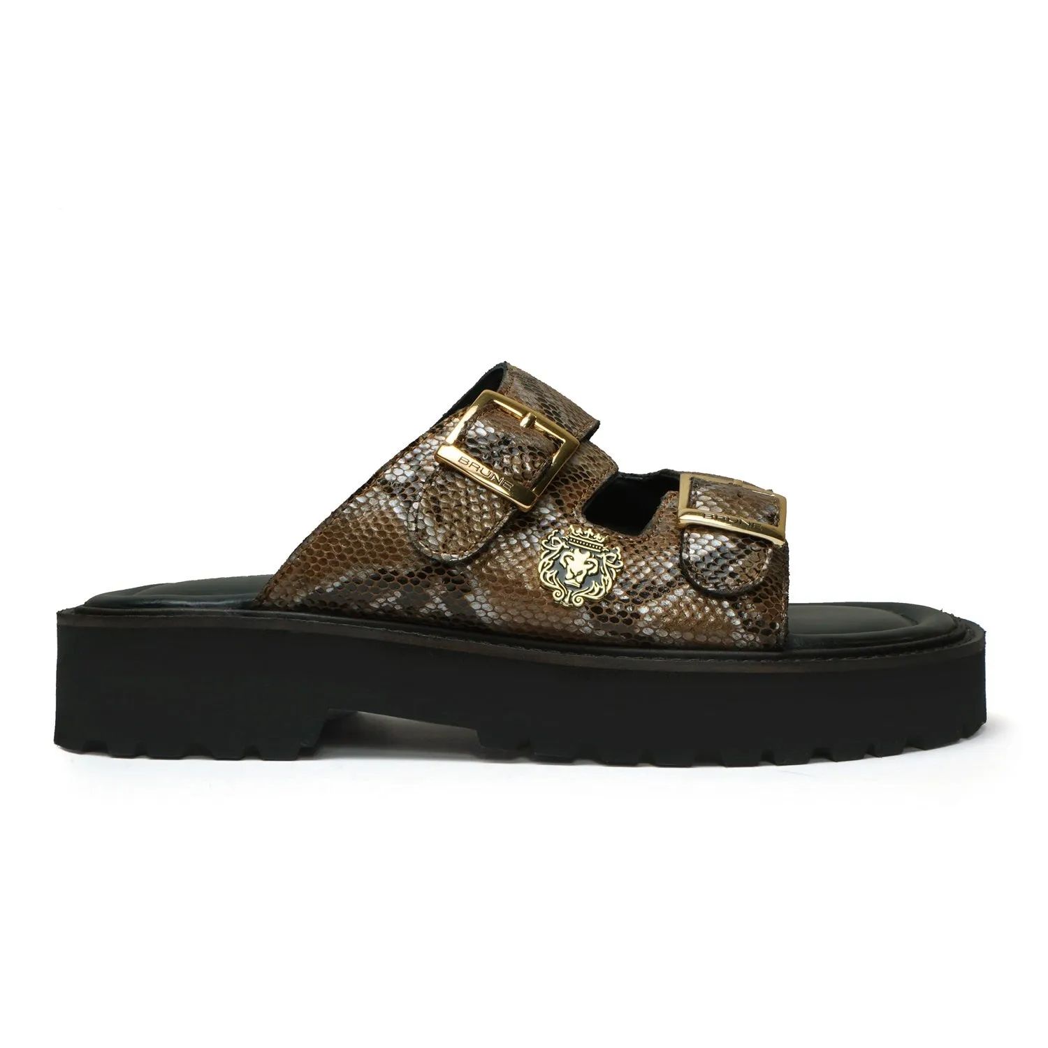 Adjustable Buckle Leather Slipper in Snake Skin Textured