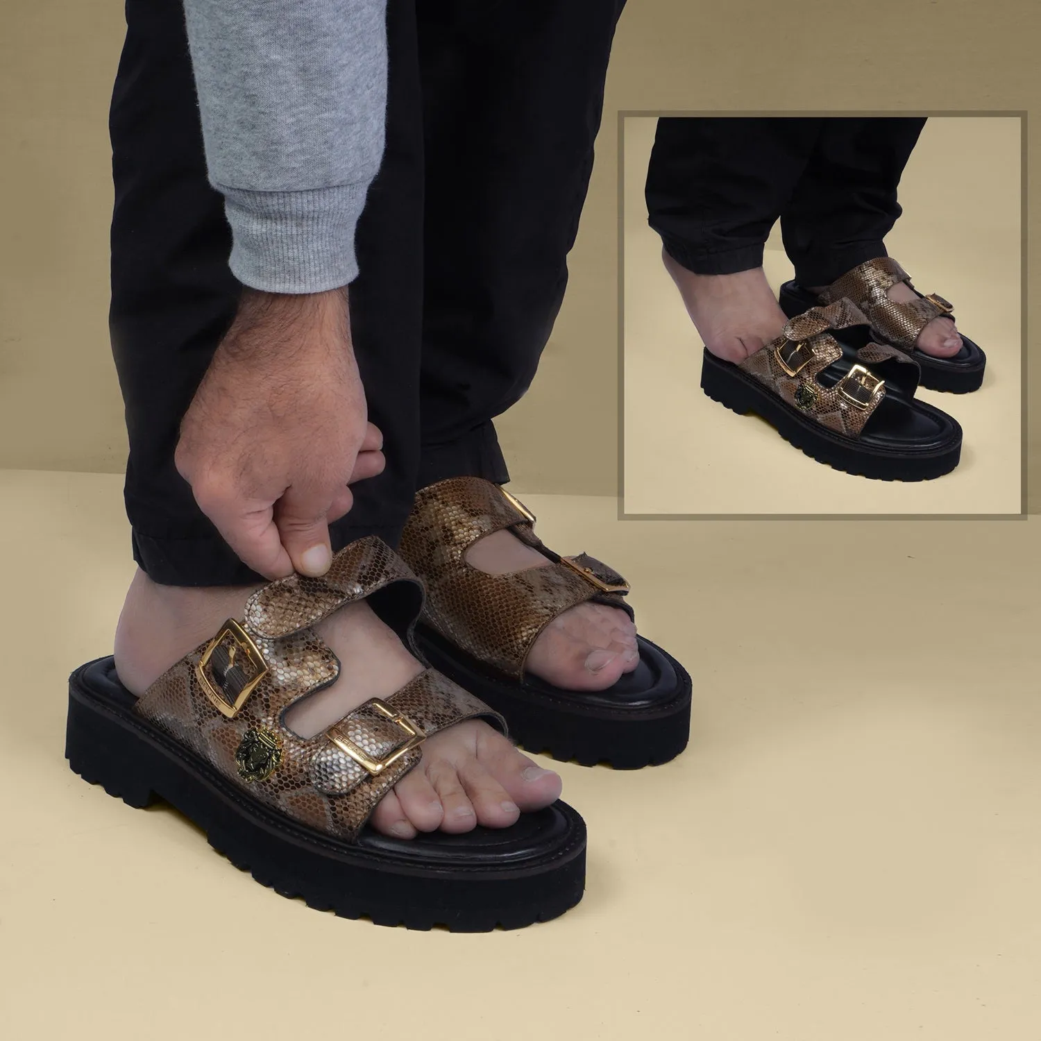 Adjustable Buckle Leather Slipper in Snake Skin Textured