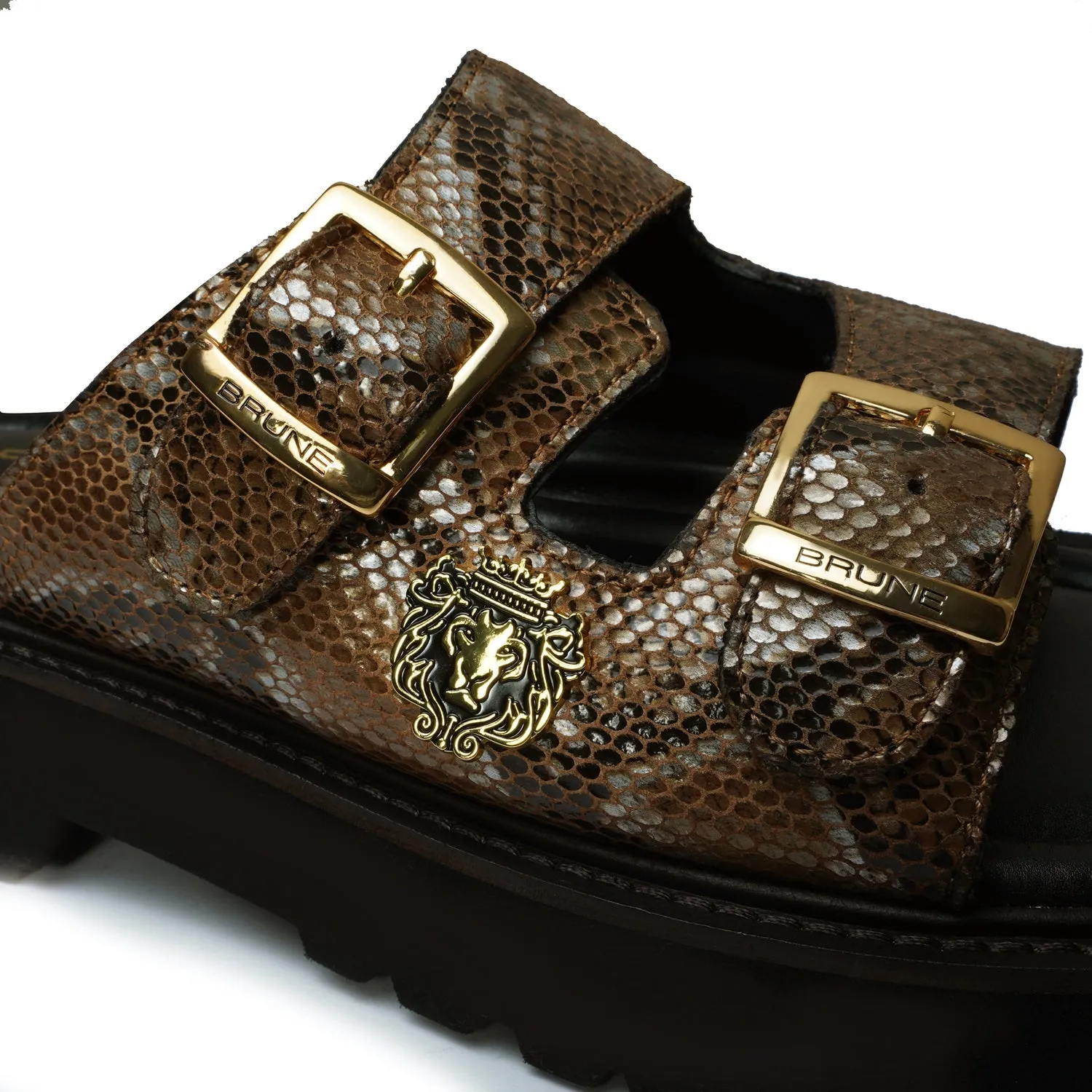 Adjustable Buckle Leather Slipper in Snake Skin Textured
