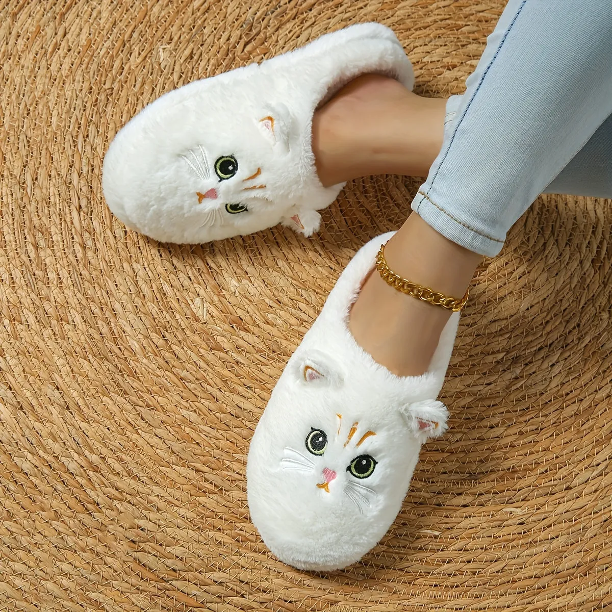Cozy Cartoon Cat Ears Plush Slippers For Women - Soft, Lightweight Indoor Shoes With Non-Slip Tpr Sole