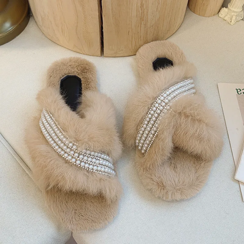 Criss Cross Plush Slippers with Pearls for Women