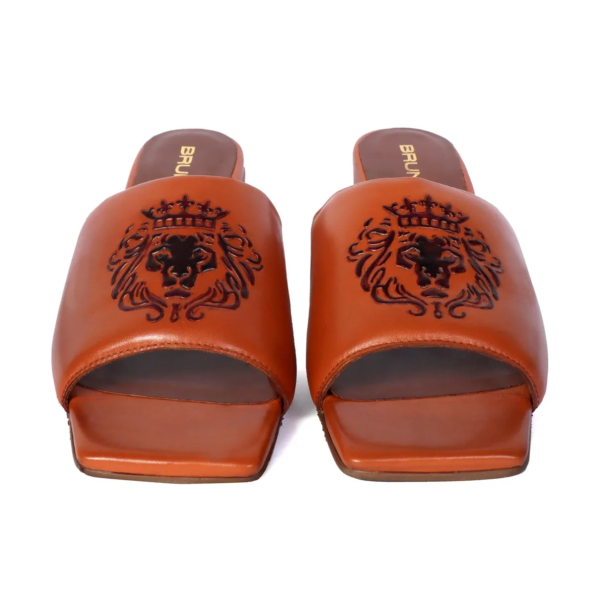 Embossed Lion Tan Open Toe Blocked Heel Leather Ladies Sandal by Brune & Bareskin