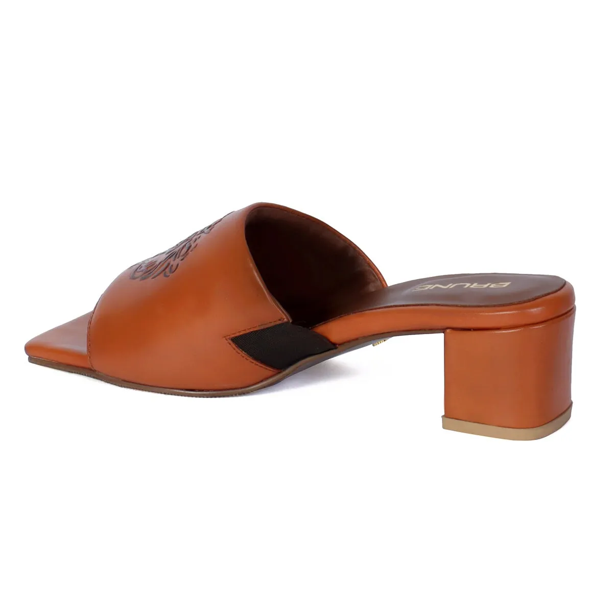 Embossed Lion Tan Open Toe Blocked Heel Leather Ladies Sandal by Brune & Bareskin