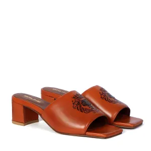 Embossed Lion Tan Open Toe Blocked Heel Leather Ladies Sandal by Brune & Bareskin