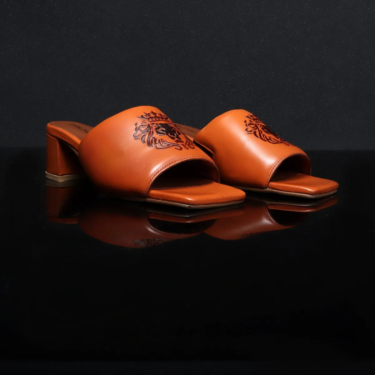 Embossed Lion Tan Open Toe Blocked Heel Leather Ladies Sandal by Brune & Bareskin
