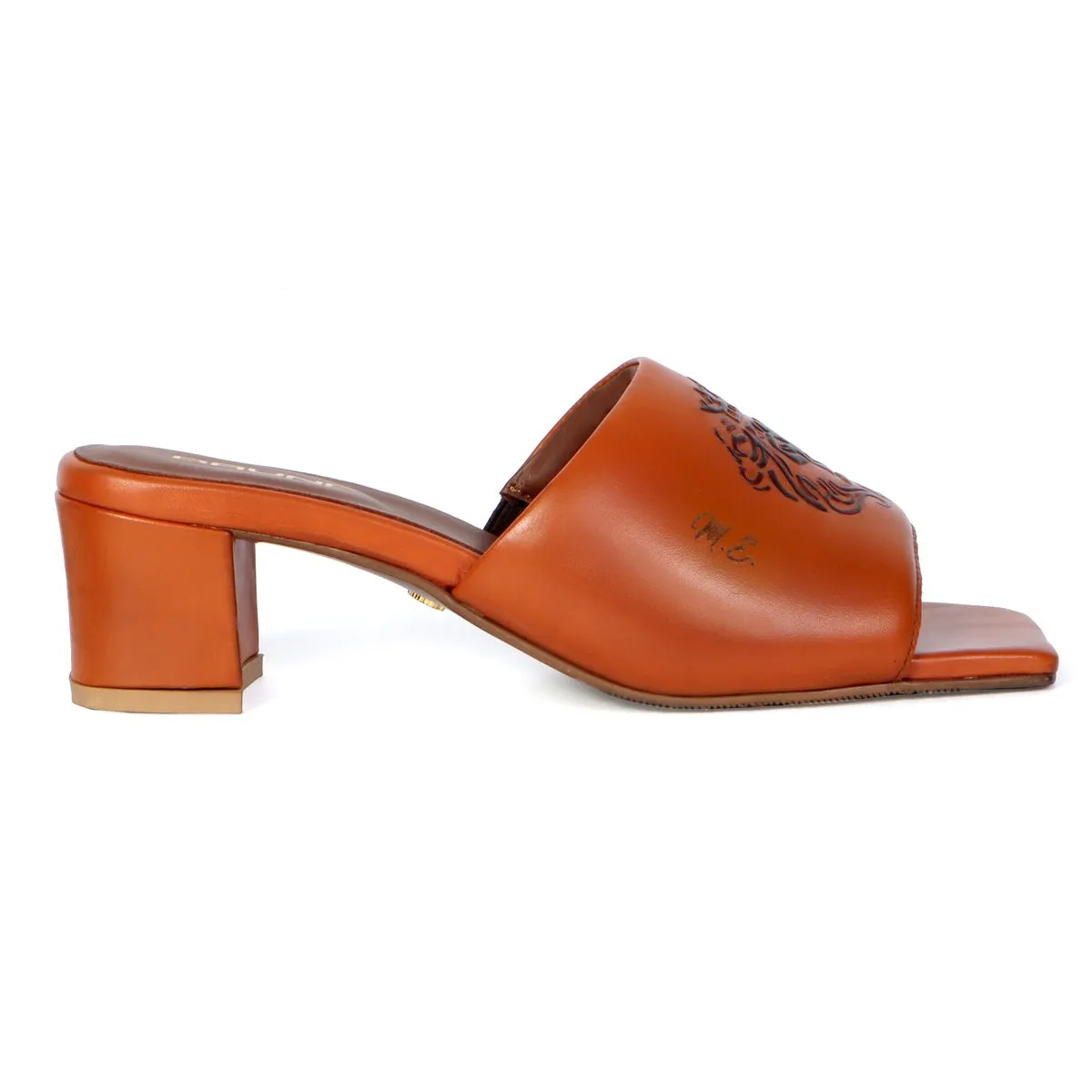 Embossed Lion Tan Open Toe Blocked Heel Leather Ladies Sandal by Brune & Bareskin