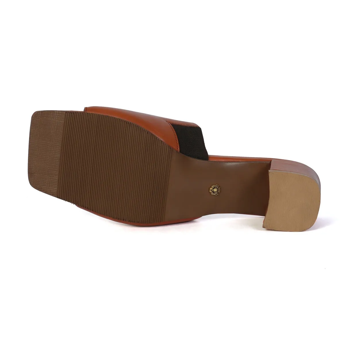 Embossed Lion Tan Open Toe Blocked Heel Leather Ladies Sandal by Brune & Bareskin