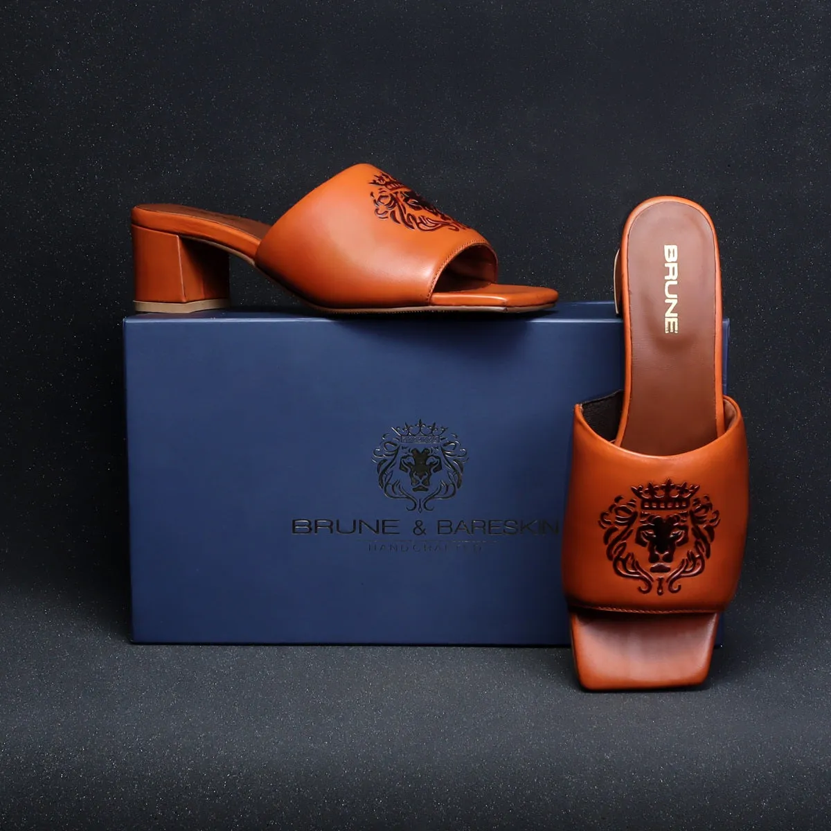 Embossed Lion Tan Open Toe Blocked Heel Leather Ladies Sandal by Brune & Bareskin