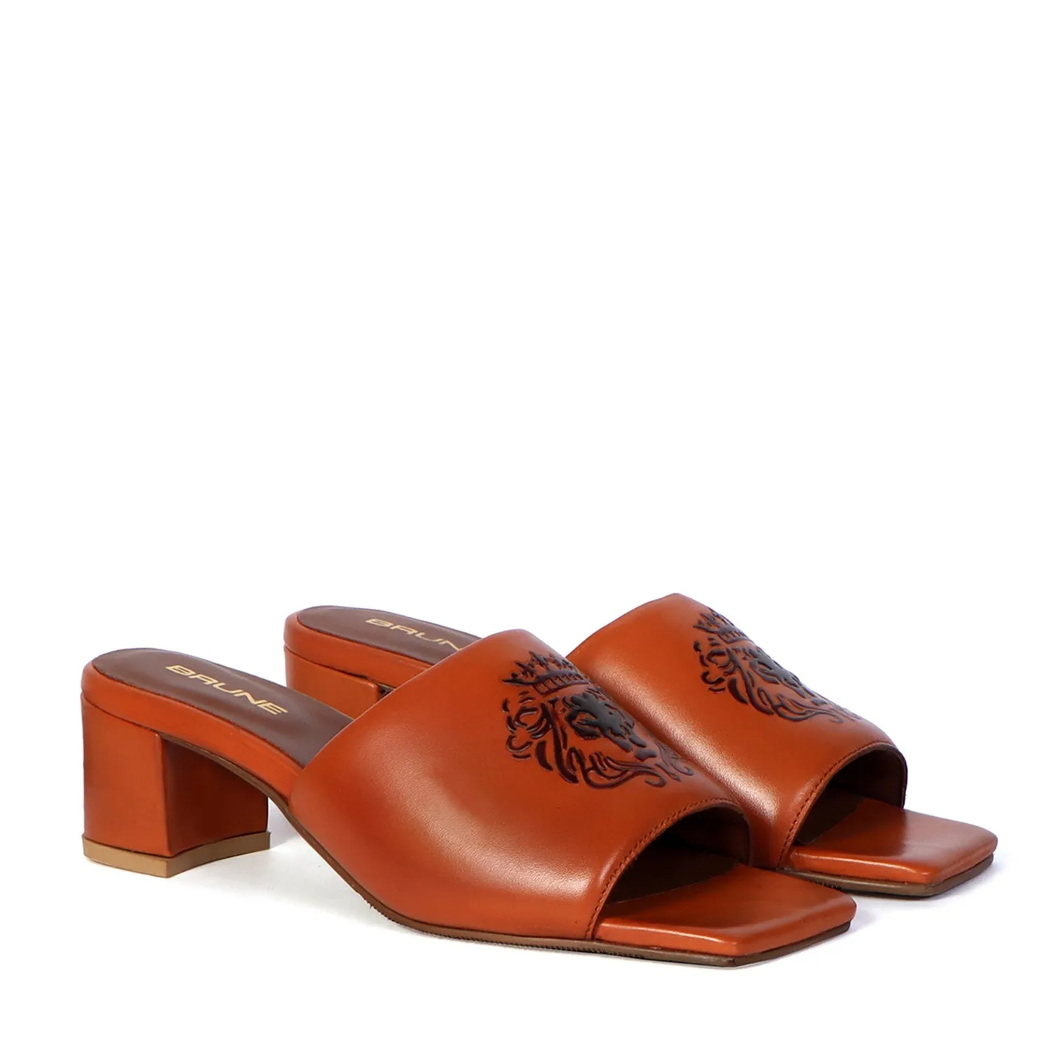 Embossed Lion Tan Open Toe Blocked Heel Leather Ladies Sandal by Brune & Bareskin