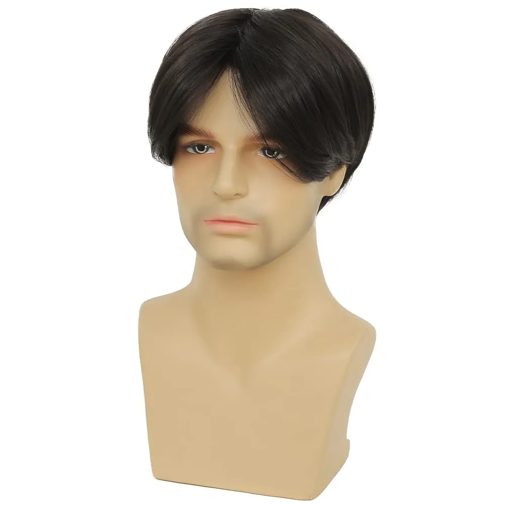 Kaneles Mens Short Black Straight Wigs Natural Middle Part Synthetic Hair Daily Cosplay Costume Fluffy Wig(Black)