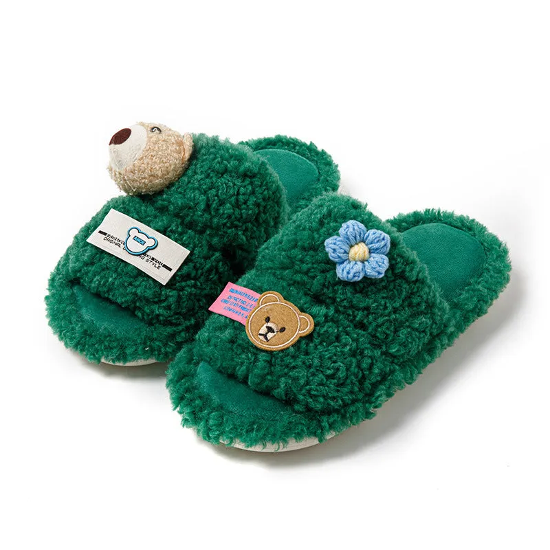 Lambswool Slippers with 3D Teddy Bear for Girls
