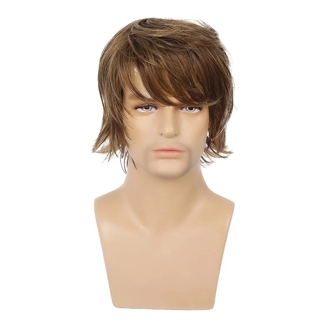 Mens Wig - Light Brown Short Layered Natural Fluffy Synthetic Heat Resistant Halloween Cosplay Hair