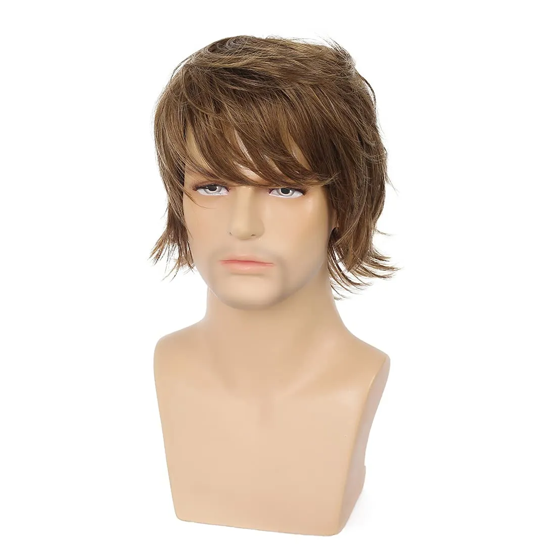 Mens Wig - Light Brown Short Layered Natural Fluffy Synthetic Heat Resistant Halloween Cosplay Hair