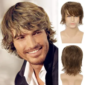 Mens Wig - Light Brown Short Layered Natural Fluffy Synthetic Heat Resistant Halloween Cosplay Hair