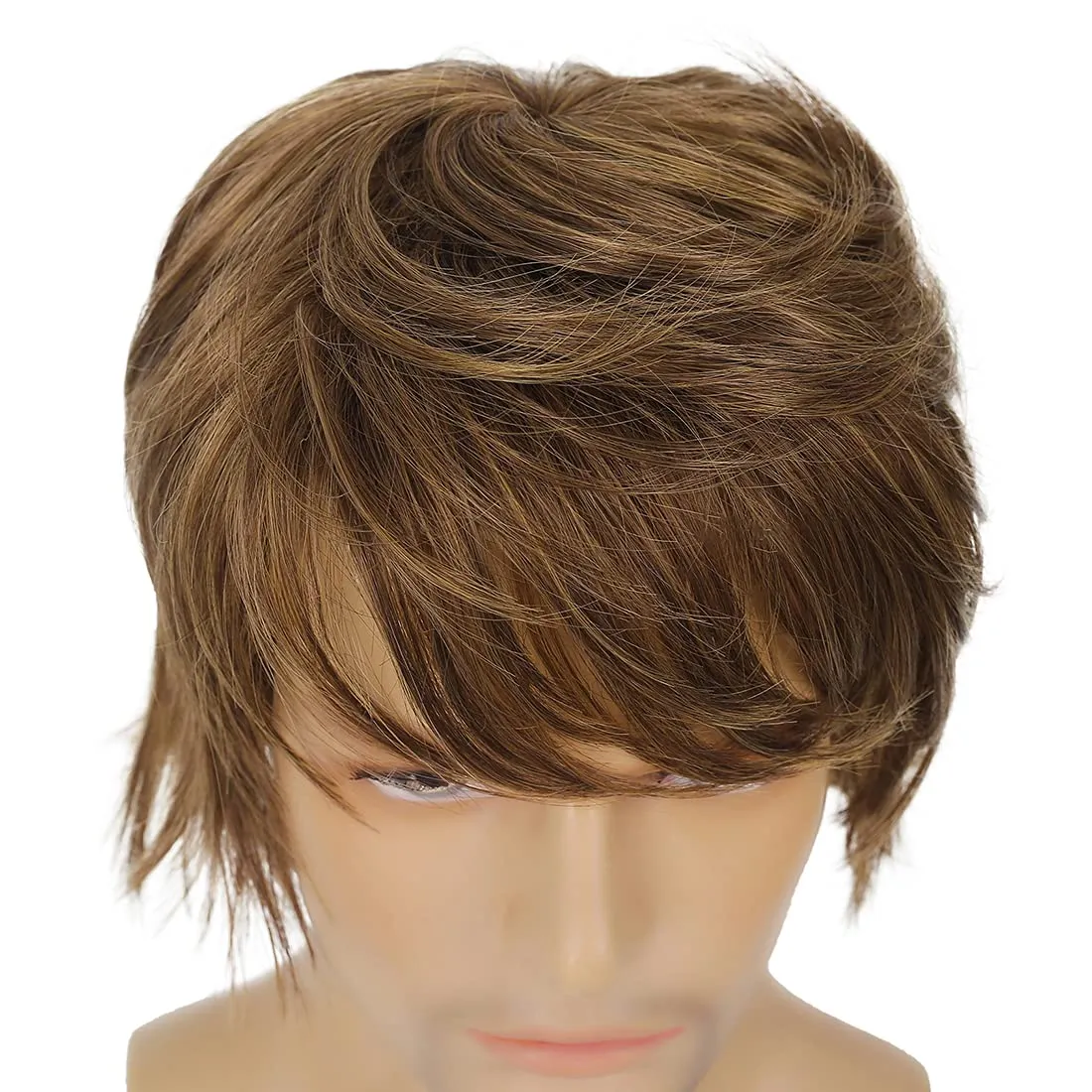 Mens Wig - Light Brown Short Layered Natural Fluffy Synthetic Heat Resistant Halloween Cosplay Hair