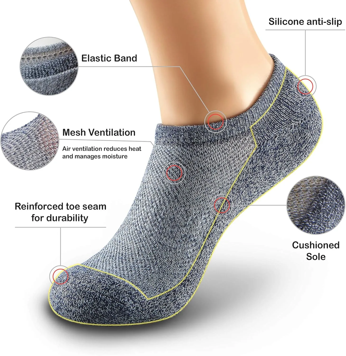 MONFOOT Men's/Women's 5 Pairs Cushion No Show Non slip Socks, Multipack