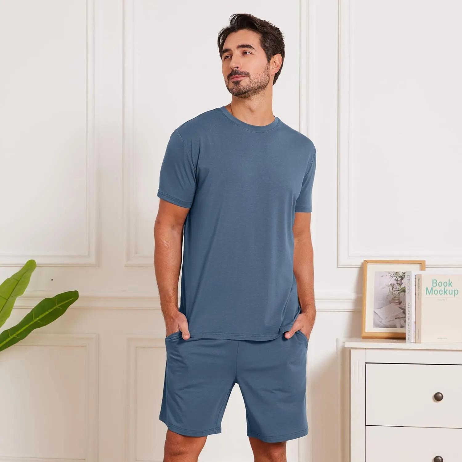netdraw Men's Ultra Soft Bamboo Viscose Pajama Sets Lightweight Comfy Lounge Sleep Short Sleeve Pjs Sleepwear