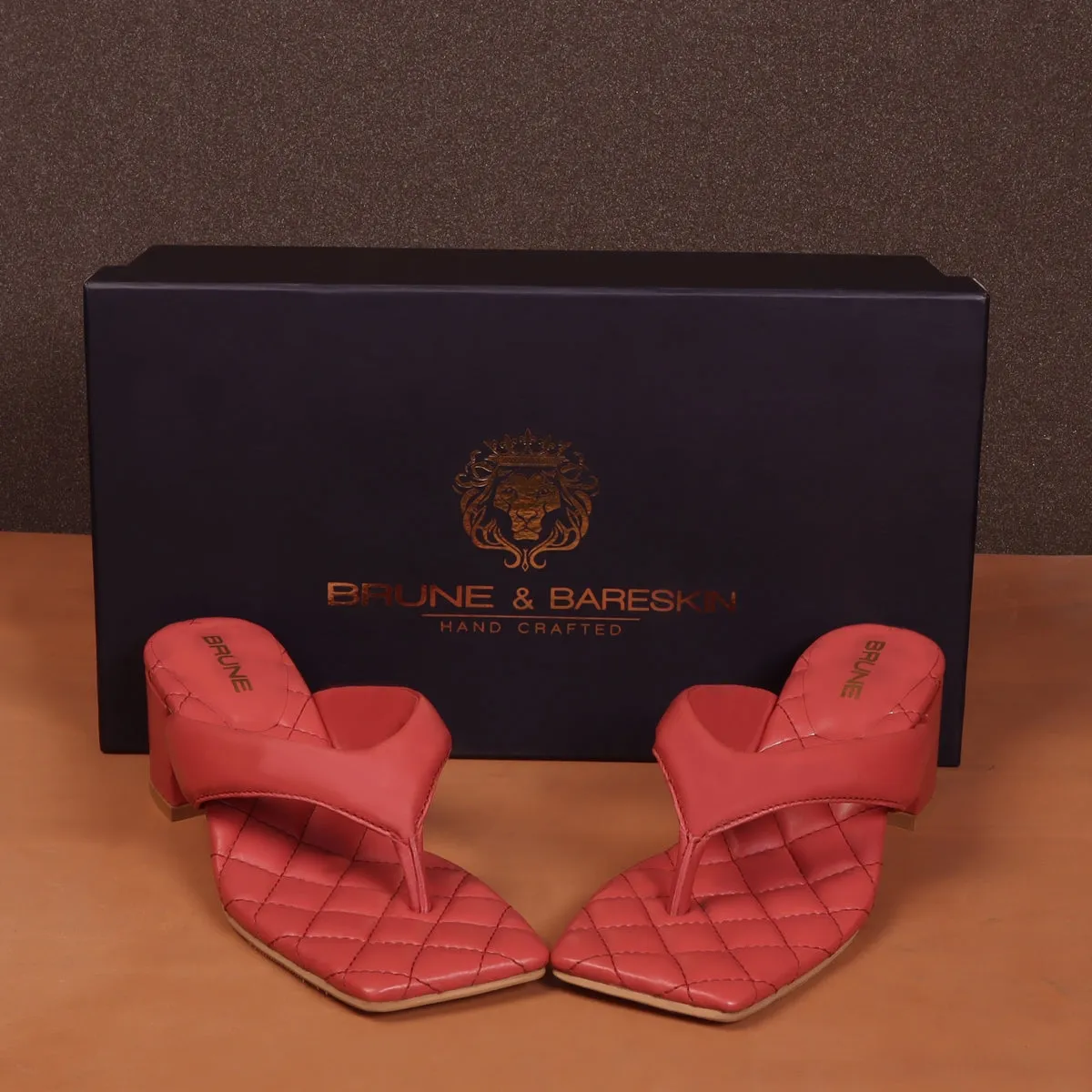 Pink V-Shaped Diamond Stitched Blocked Heel Slider Slipper For Women By Brune & Bareskin