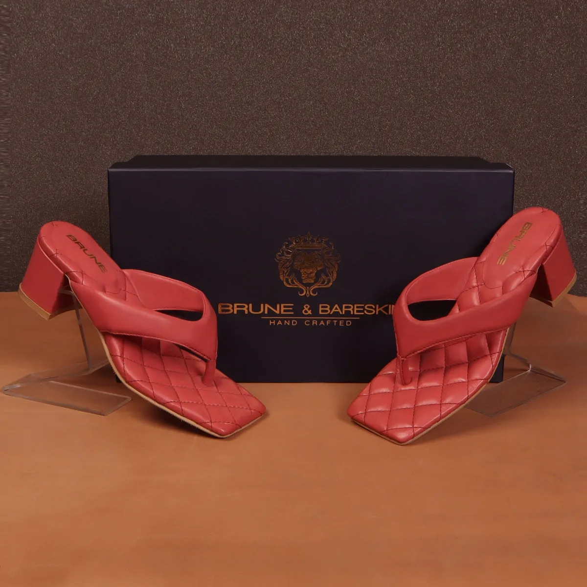 Pink V-Shaped Diamond Stitched Blocked Heel Slider Slipper For Women By Brune & Bareskin
