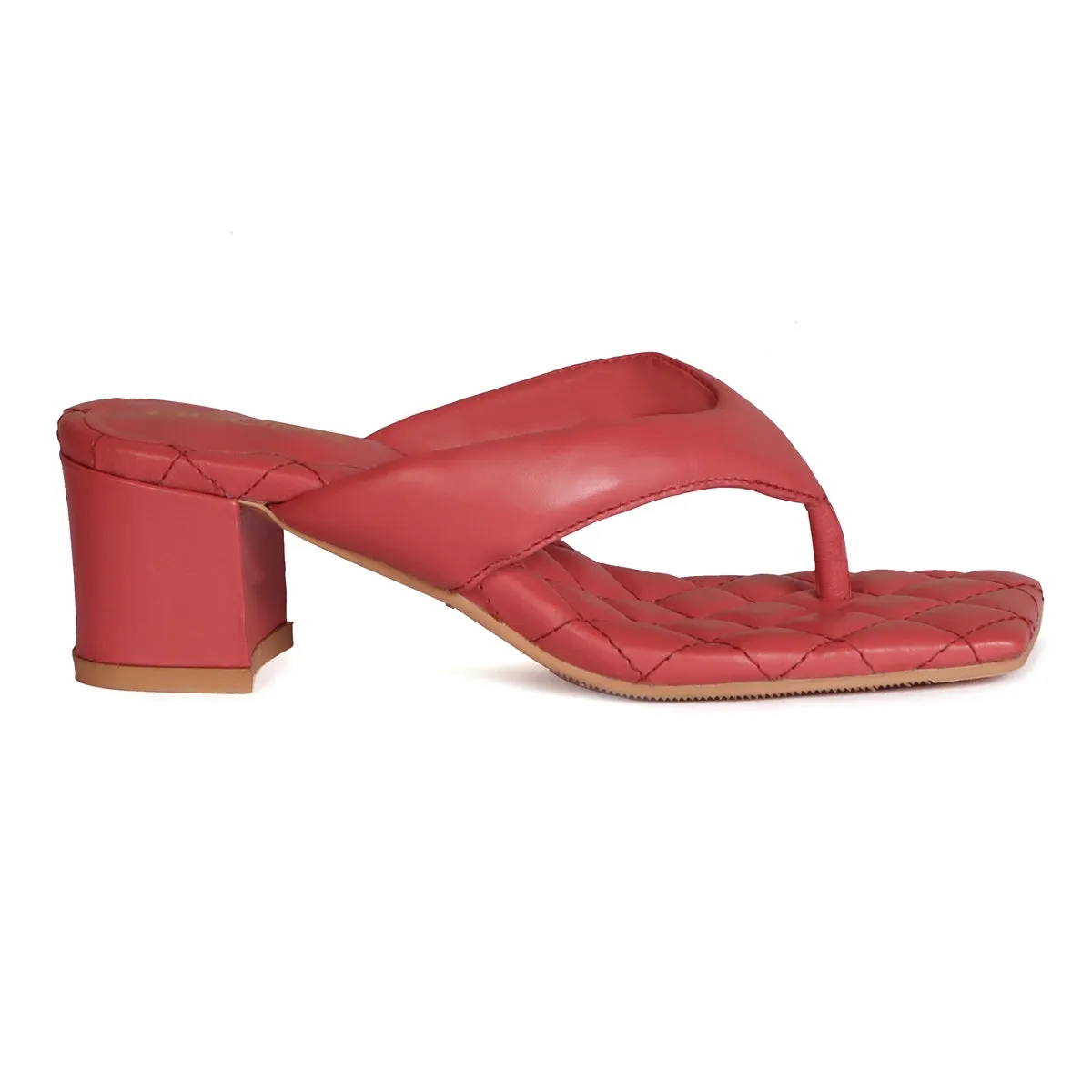 Pink V-Shaped Diamond Stitched Blocked Heel Slider Slipper For Women By Brune & Bareskin
