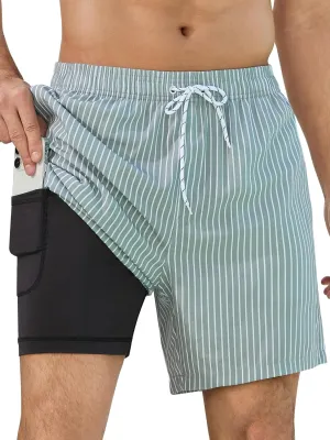 SILKWORLD Mens Swim Trunks with Compression Liner 2 in 1 Quick Dry Bathing Suit Beach Shorts with Zipper Pockets