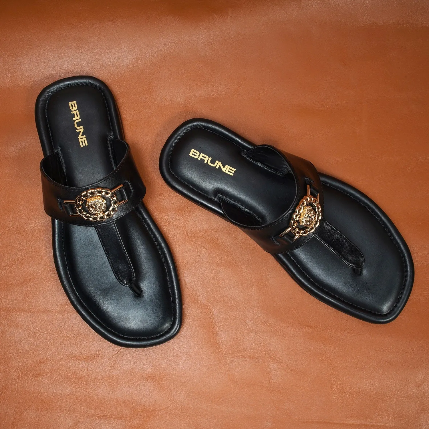 T-Strap Black Slide-in Slipper with Trademark Buckle