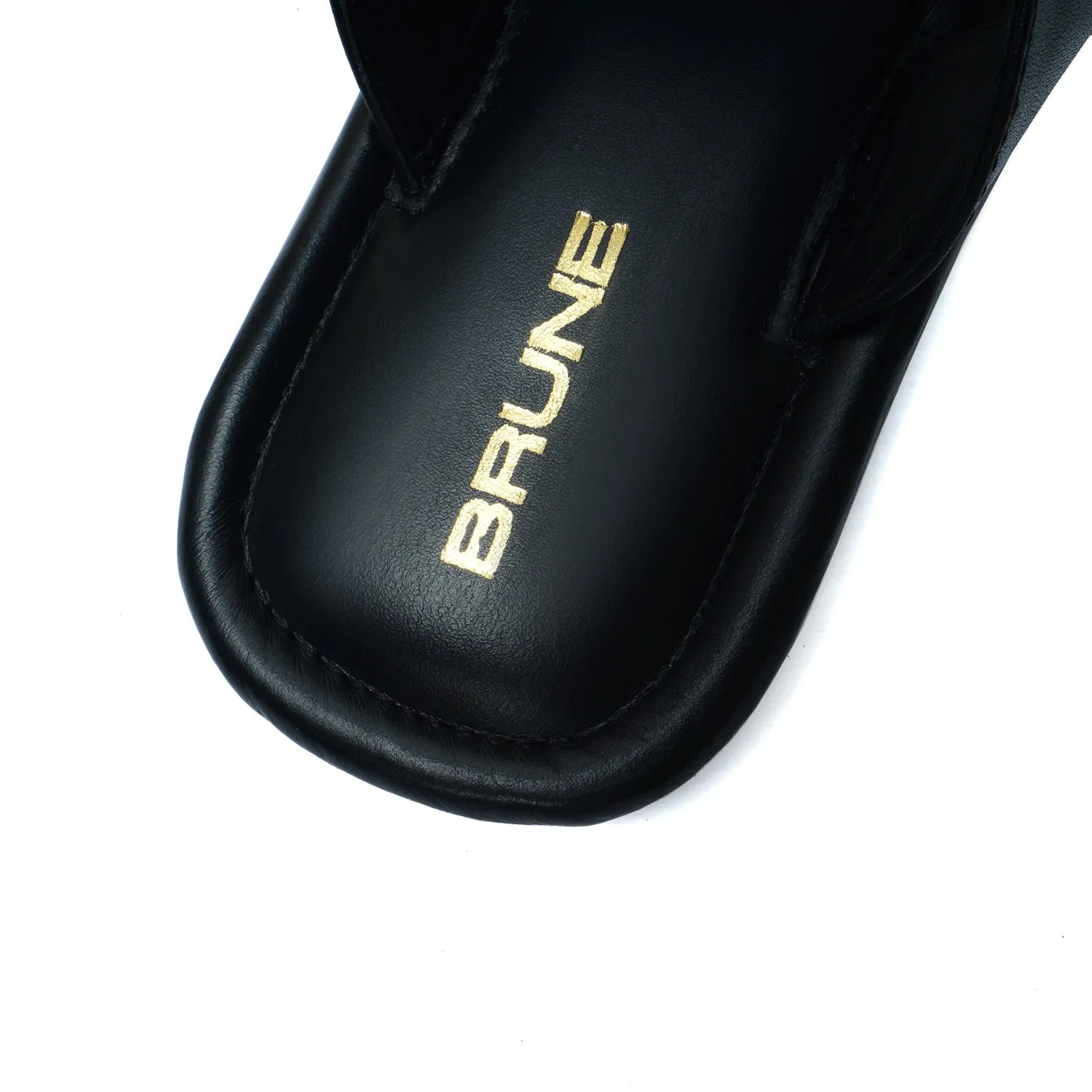 T-Strap Black Slide-in Slipper with Trademark Buckle