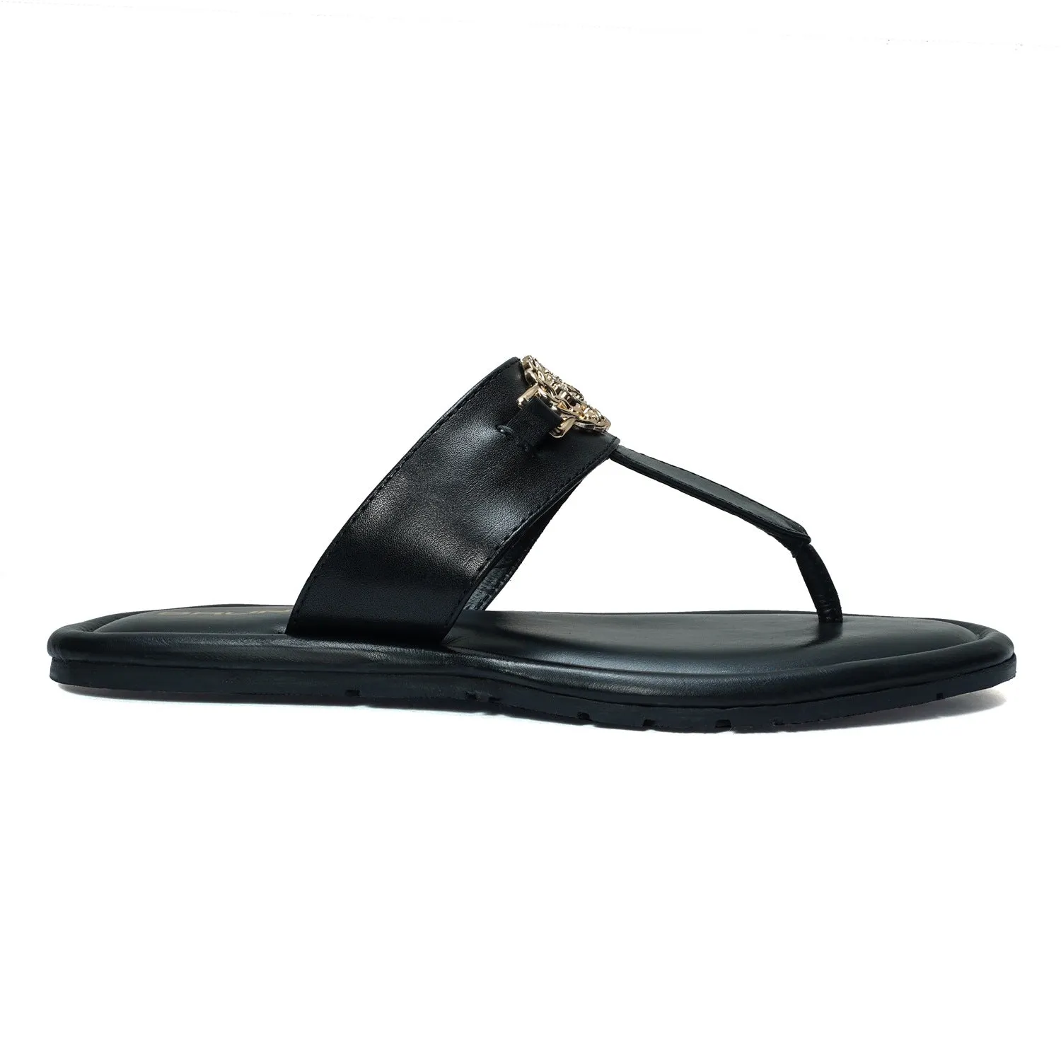 T-Strap Black Slide-in Slipper with Trademark Buckle