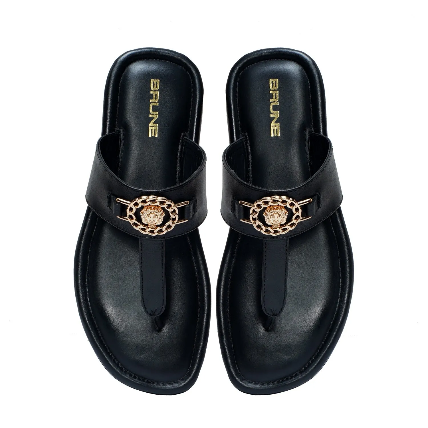T-Strap Black Slide-in Slipper with Trademark Buckle