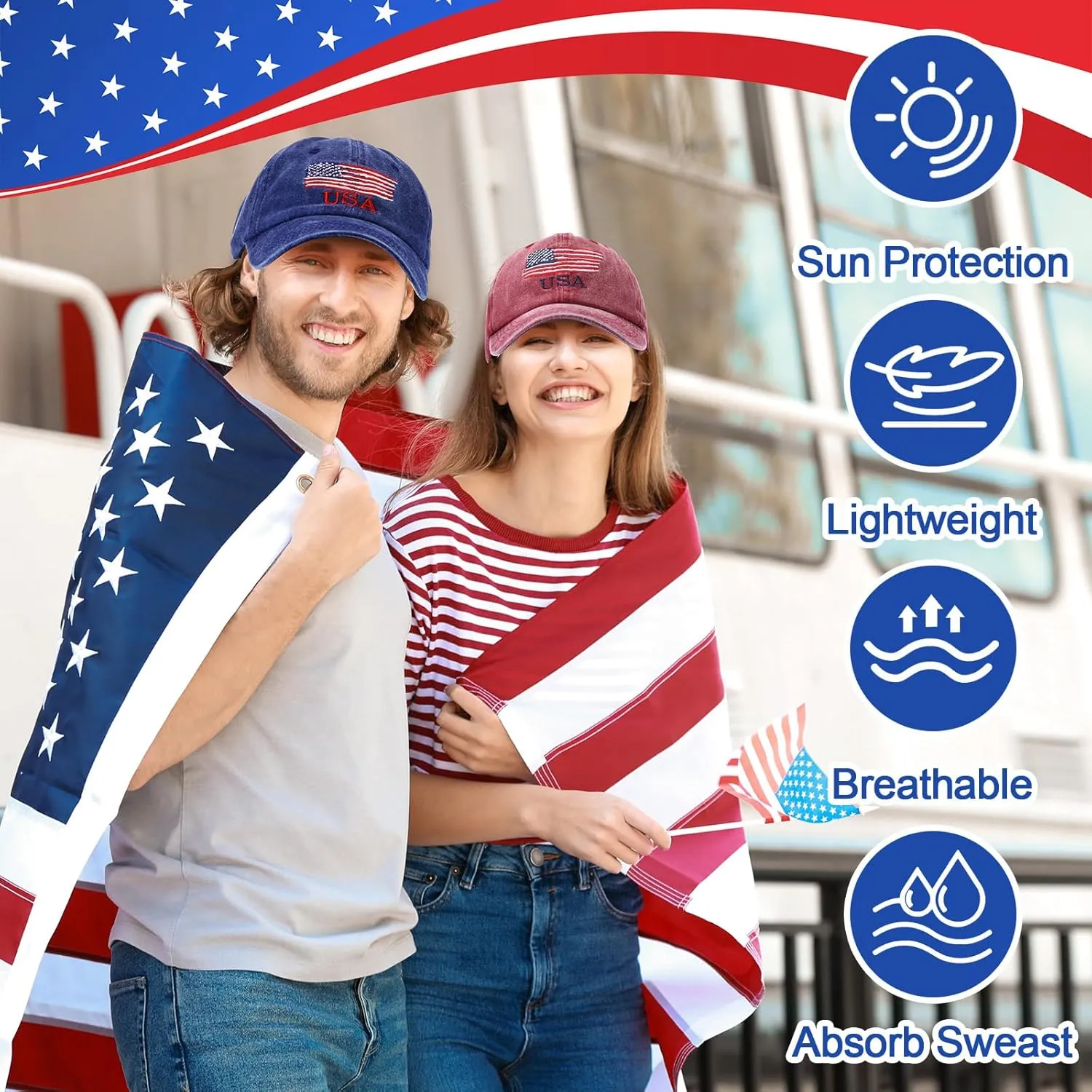 Tarpop 6 Pcs American Flag Baseball Cap Tactical USA Flag Hats Adjustable Washed Us Flag Cap for Men Women