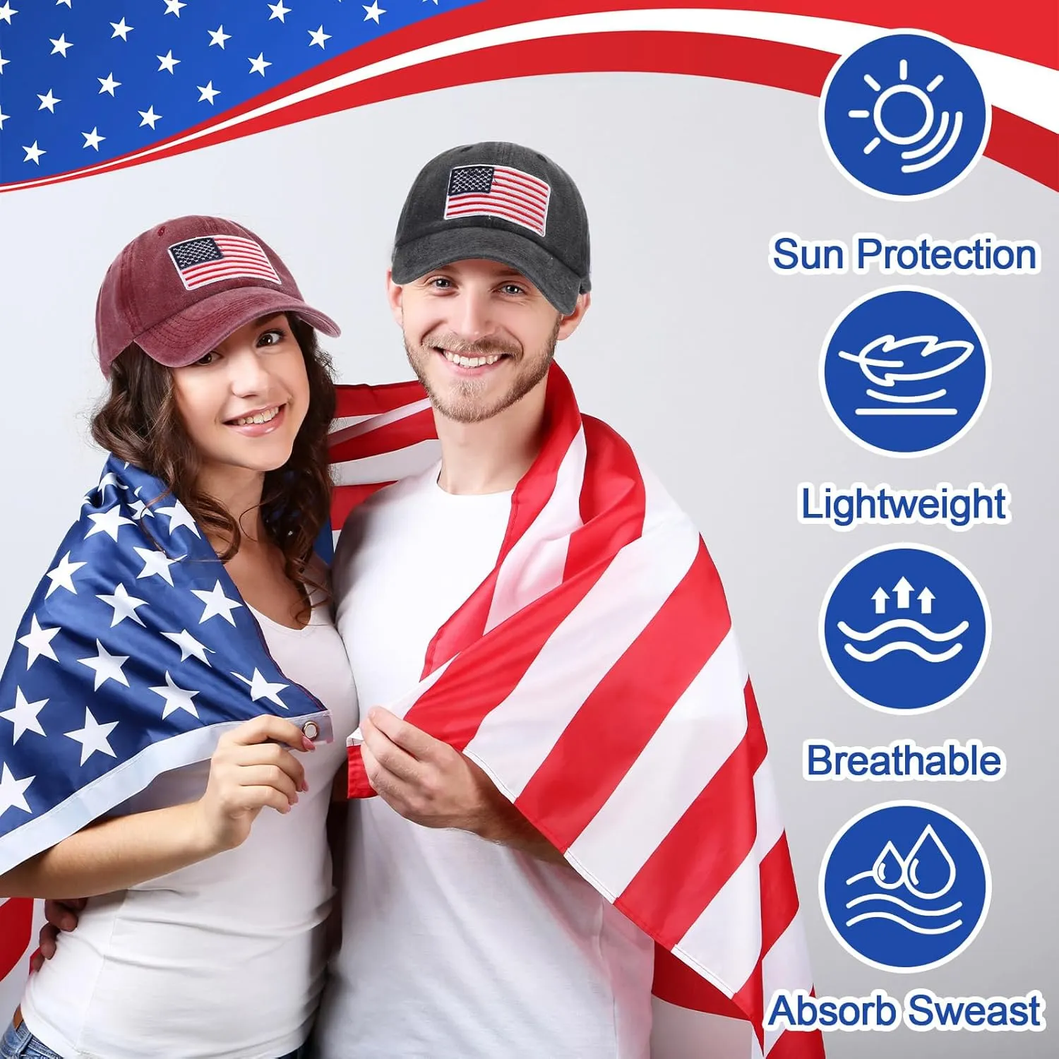 Tarpop 6 Pcs American Flag Baseball Cap Tactical USA Flag Hats Adjustable Washed Us Flag Cap for Men Women