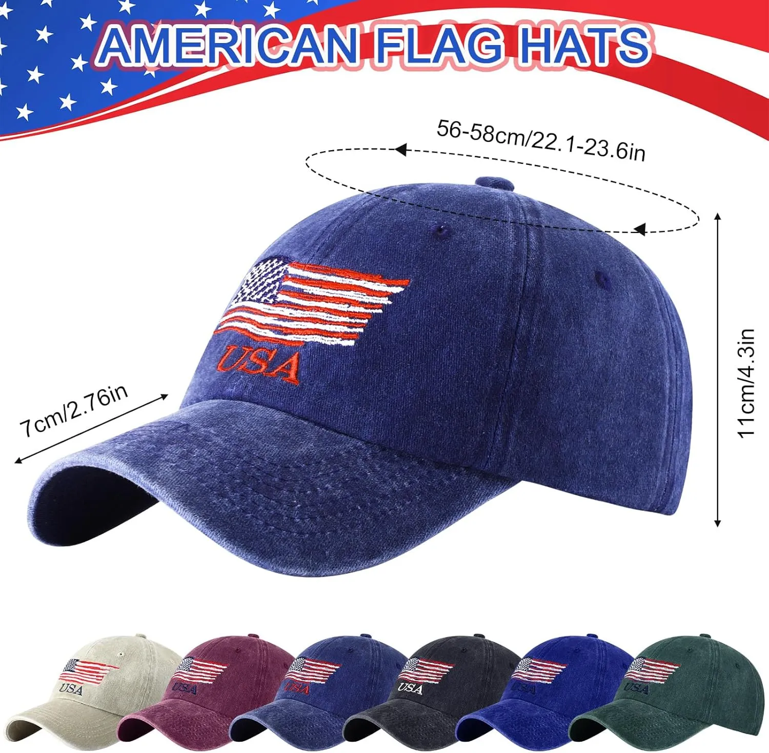 Tarpop 6 Pcs American Flag Baseball Cap Tactical USA Flag Hats Adjustable Washed Us Flag Cap for Men Women