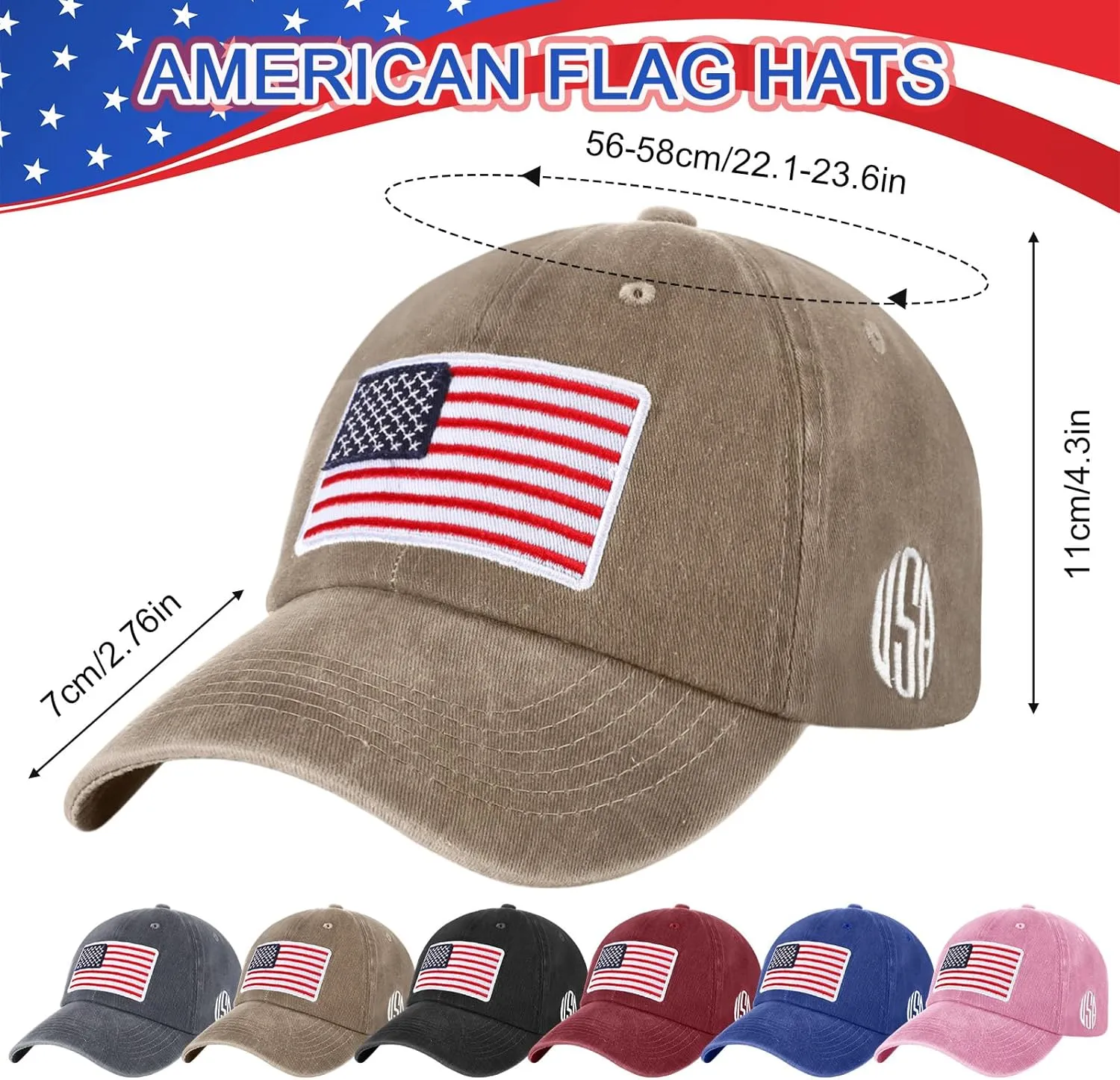 Tarpop 6 Pcs American Flag Baseball Cap Tactical USA Flag Hats Adjustable Washed Us Flag Cap for Men Women