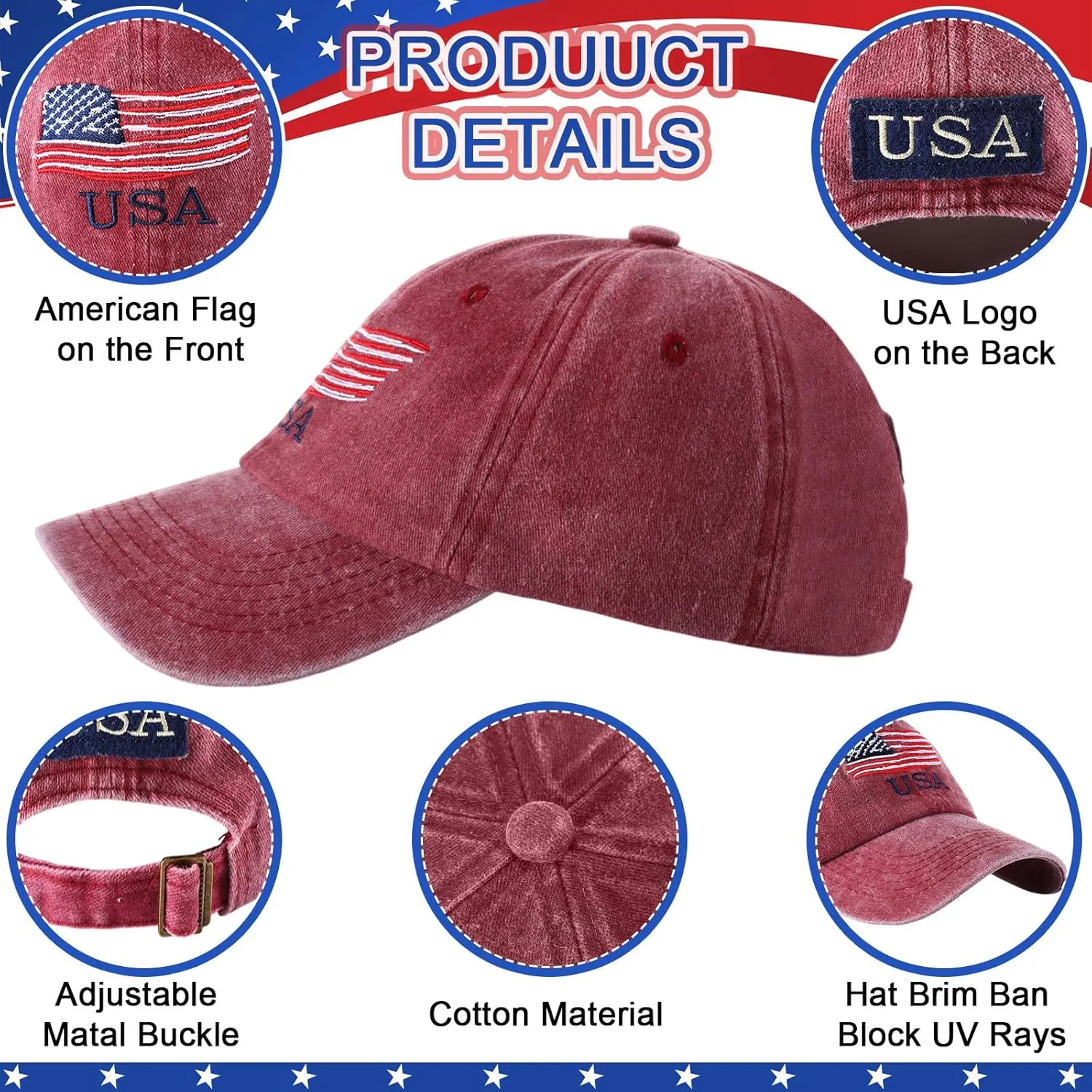 Tarpop 6 Pcs American Flag Baseball Cap Tactical USA Flag Hats Adjustable Washed Us Flag Cap for Men Women