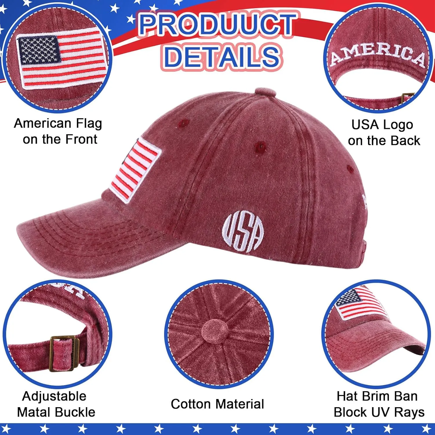 Tarpop 6 Pcs American Flag Baseball Cap Tactical USA Flag Hats Adjustable Washed Us Flag Cap for Men Women