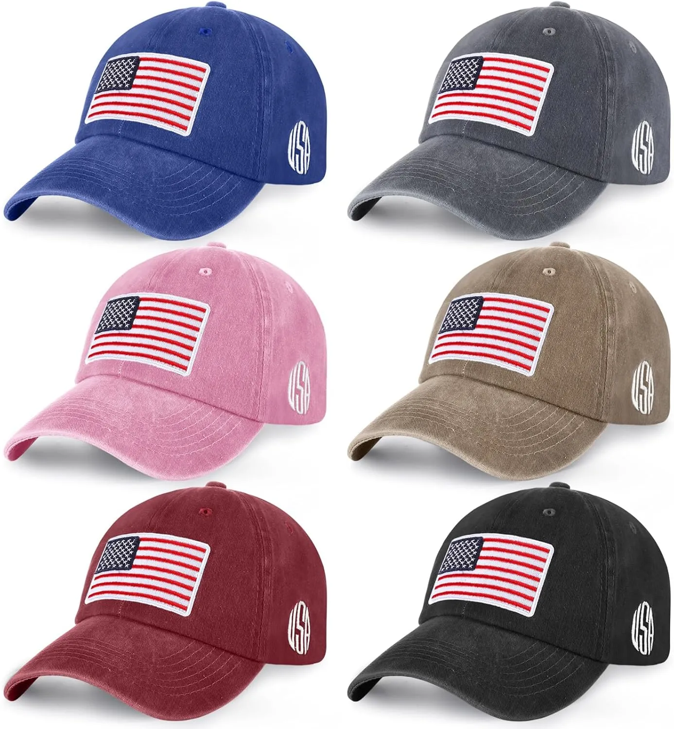 Tarpop 6 Pcs American Flag Baseball Cap Tactical USA Flag Hats Adjustable Washed Us Flag Cap for Men Women