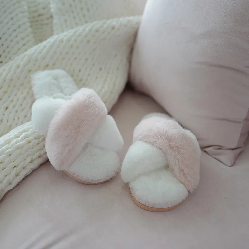 Two-Toned Furry Criss Cross Soft Bottom Slippers for Women