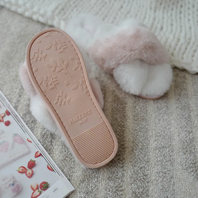 Two-Toned Furry Criss Cross Soft Bottom Slippers for Women