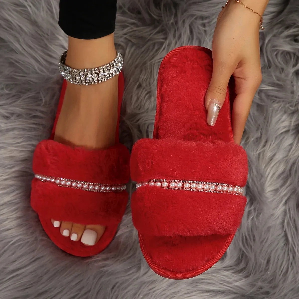 Women's Fur Slippers with Pearls and Rhinestones