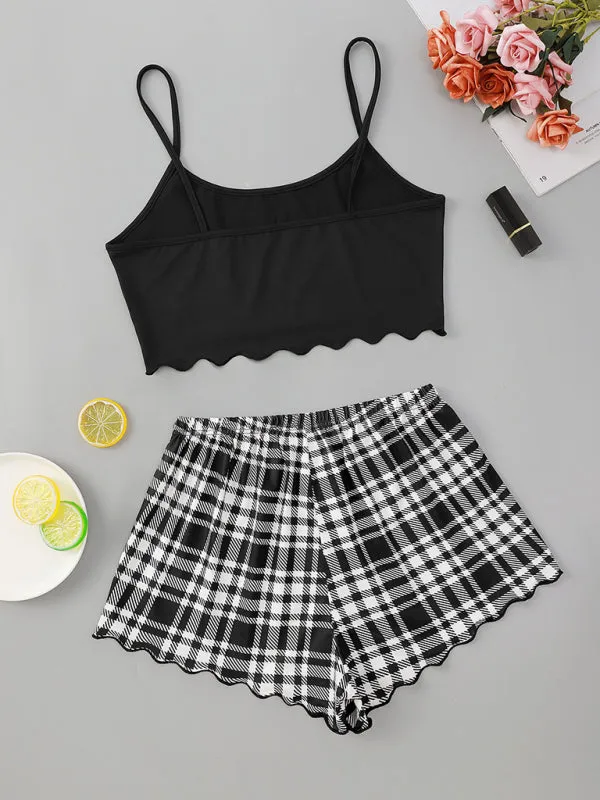 Women's Letter HONEY Printed Camisole   Plaid Printed Shorts Homewear Set