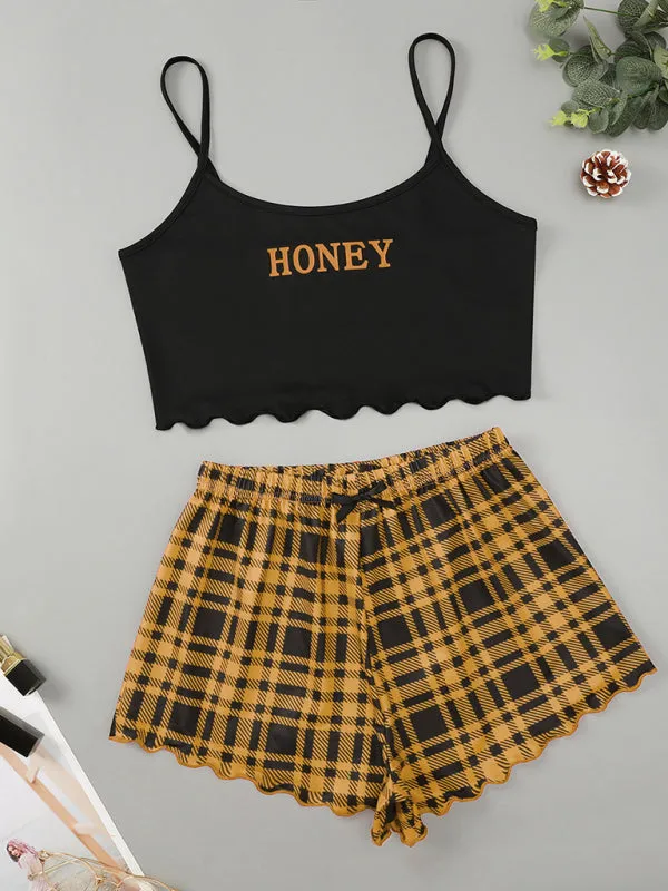 Women's Letter HONEY Printed Camisole   Plaid Printed Shorts Homewear Set