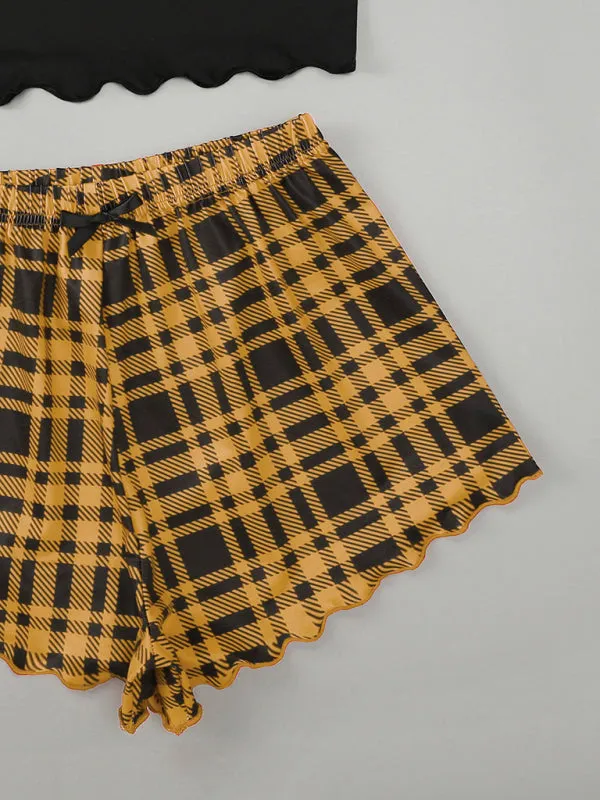 Women's Letter HONEY Printed Camisole   Plaid Printed Shorts Homewear Set