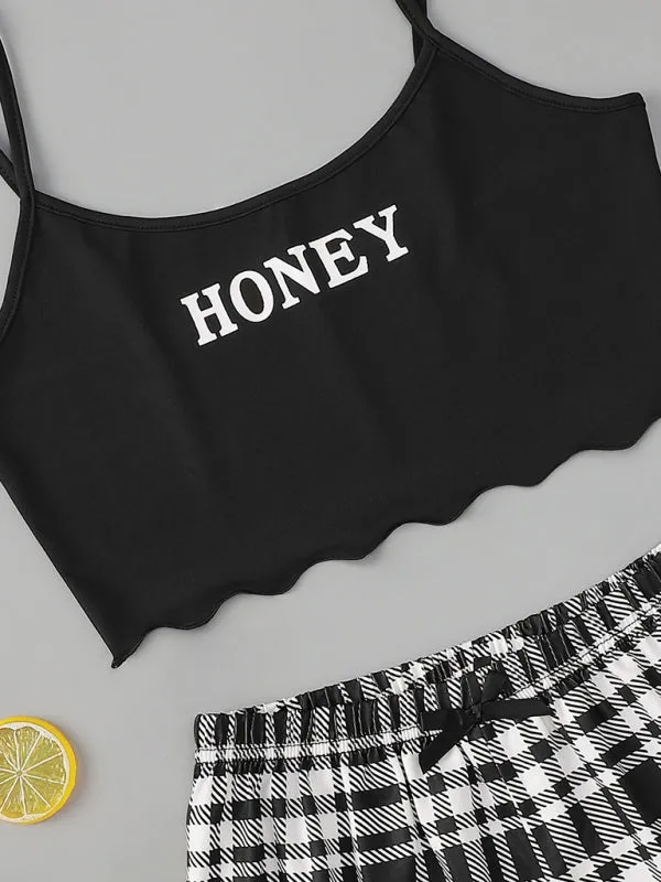 Women's Letter HONEY Printed Camisole   Plaid Printed Shorts Homewear Set