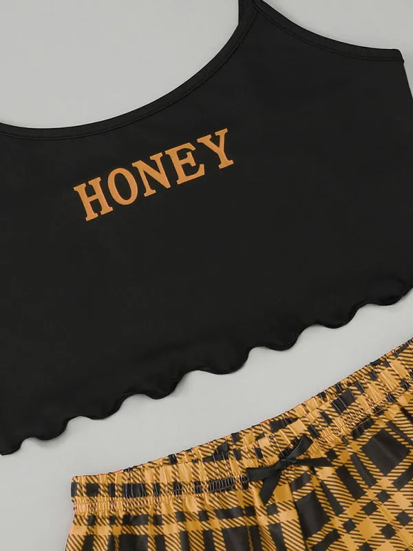 Women's Letter HONEY Printed Camisole   Plaid Printed Shorts Homewear Set