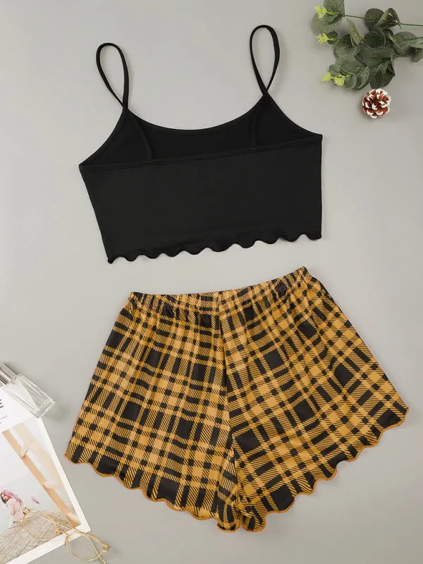 Women's Letter HONEY Printed Camisole   Plaid Printed Shorts Homewear Set
