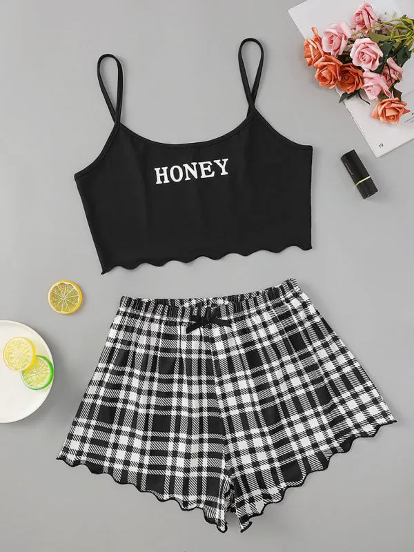Women's Letter HONEY Printed Camisole   Plaid Printed Shorts Homewear Set