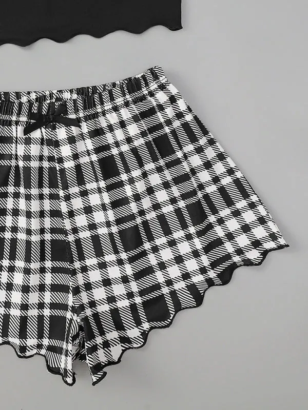 Women's Letter HONEY Printed Camisole   Plaid Printed Shorts Homewear Set
