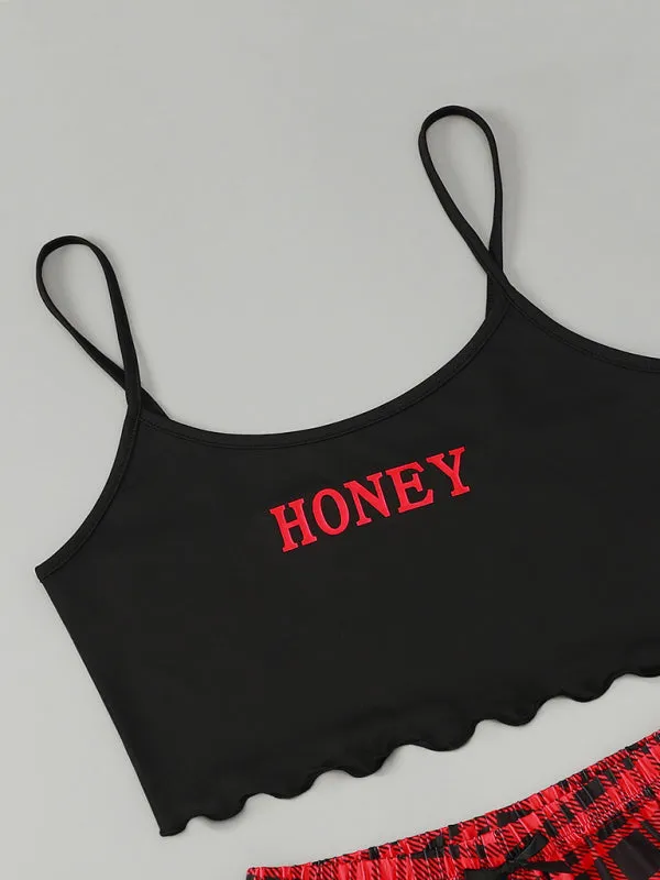 Women's Letter HONEY Printed Camisole   Plaid Printed Shorts Homewear Set